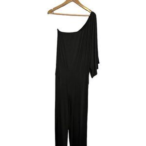 Elegant One-Shoulder Black Jumpsuit Draped Detail Elastic Waist Women's Size M